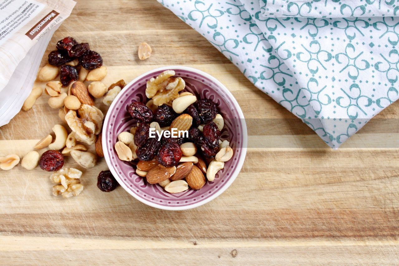 Directly above shot of dried food in bowl on table