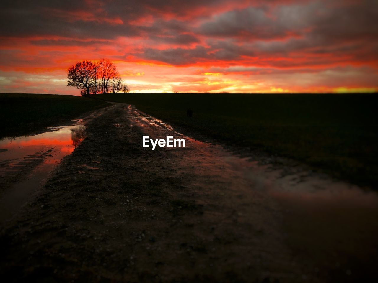 Road amidst field against sky during sunset