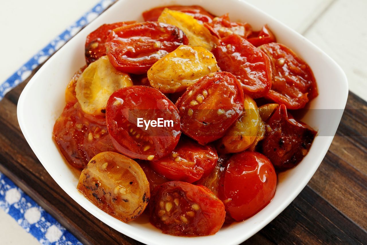 High angle view of tomatoes in bowl on table