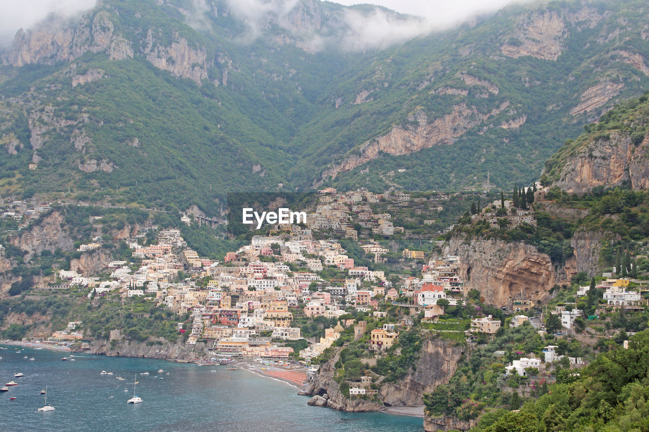 Positano on mountain by tyrrhenian sea