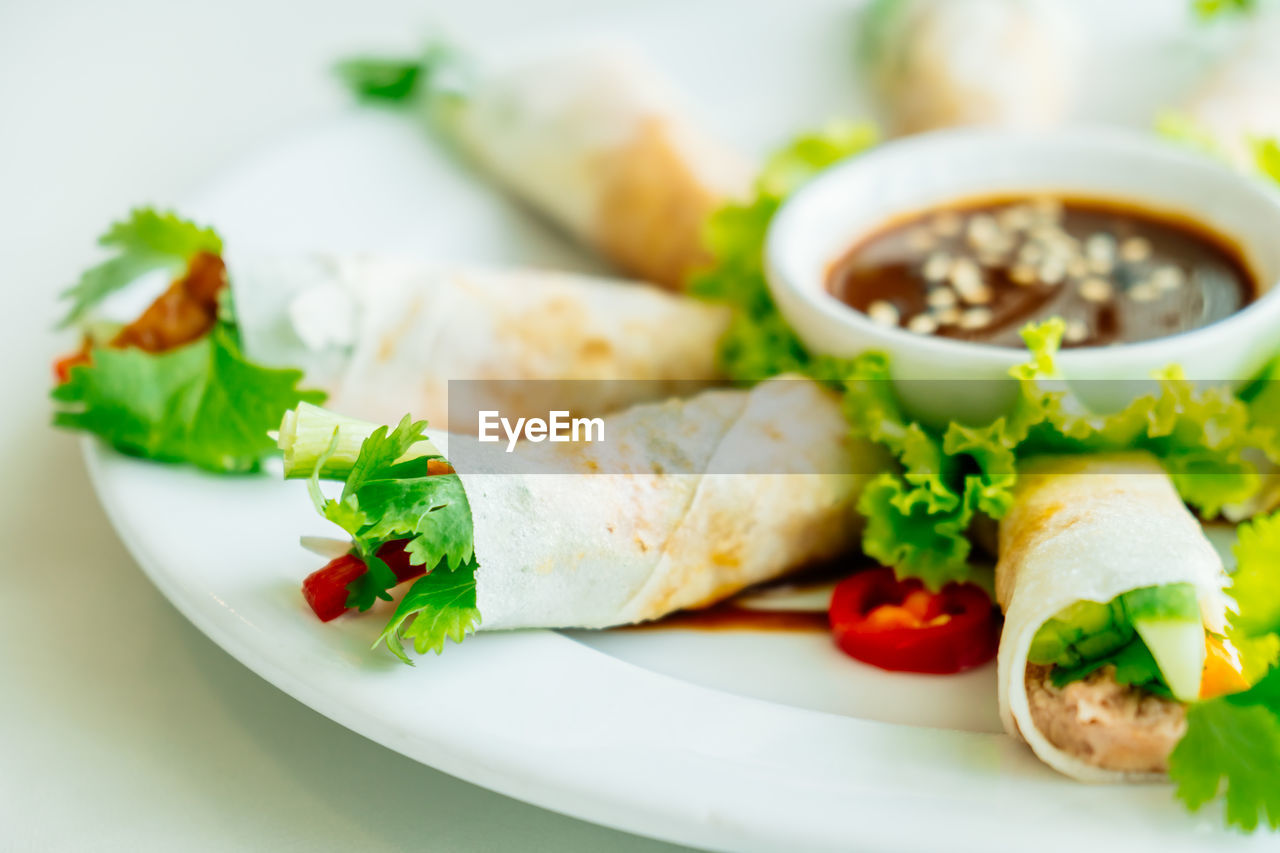 Close-up of wrap sandwich served food in plate