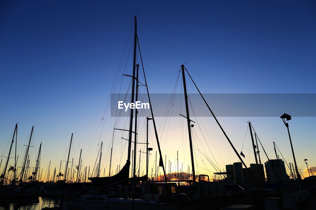 SILHOUETTE BOATS AGAINST CLEAR SKY