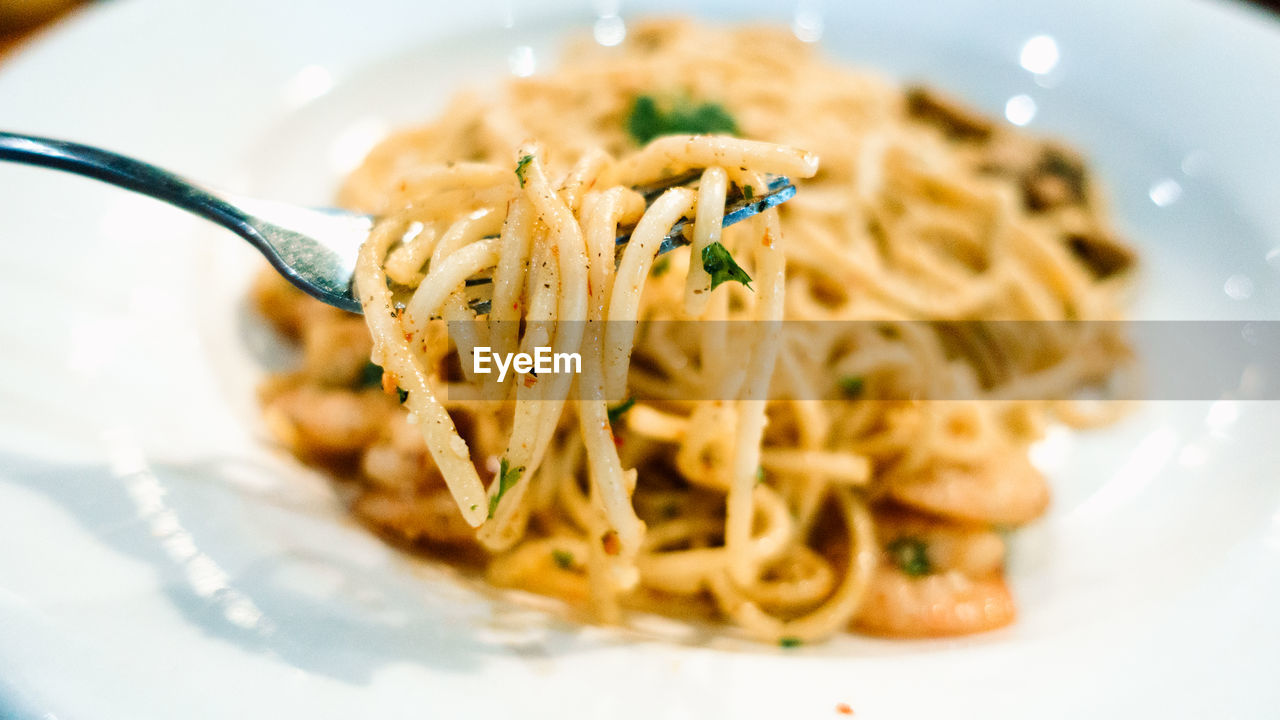 CLOSE-UP OF PASTA IN PLATE WITH FORK