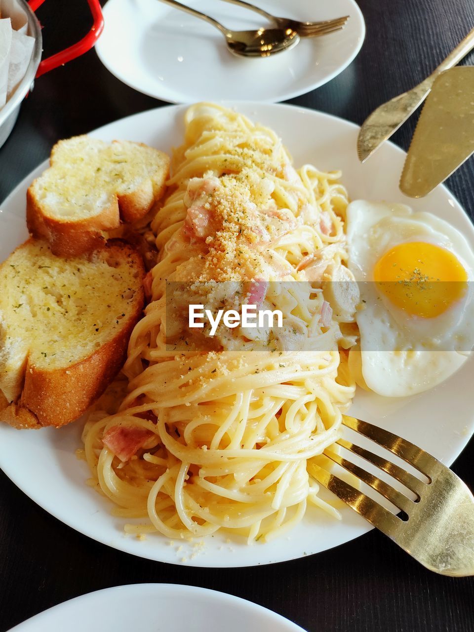 High angle view of food in plate on table