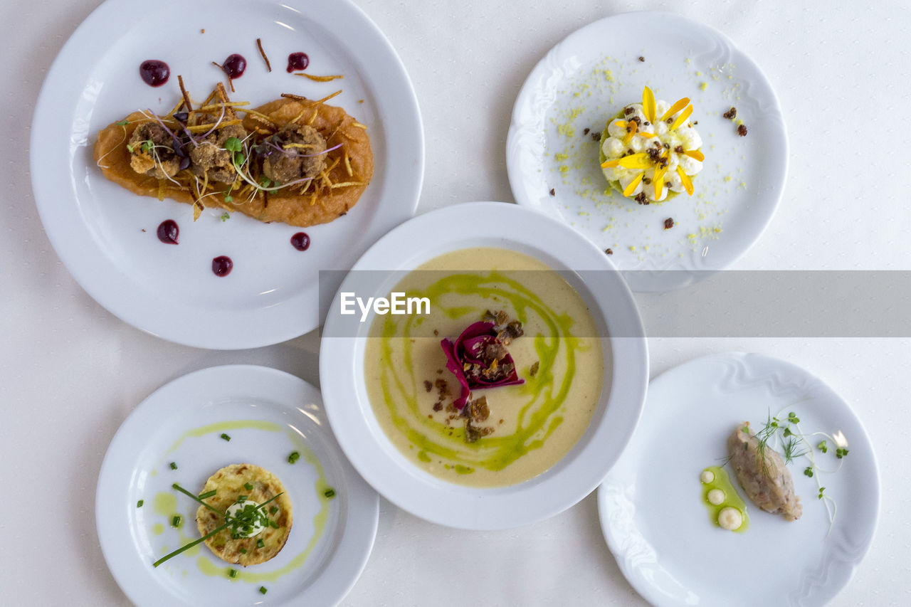 High angle view of food served on table