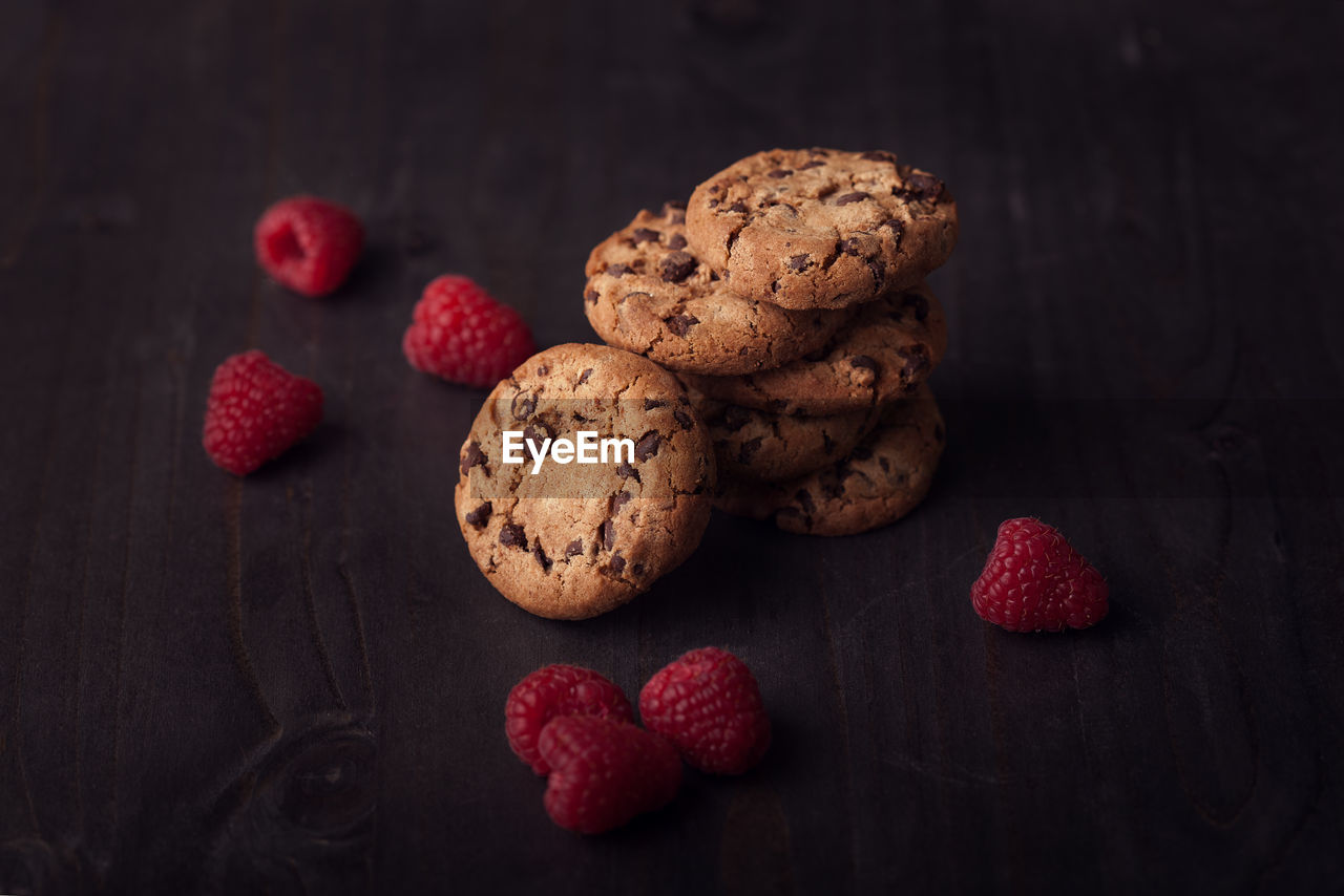close-up of cookies on wooden table