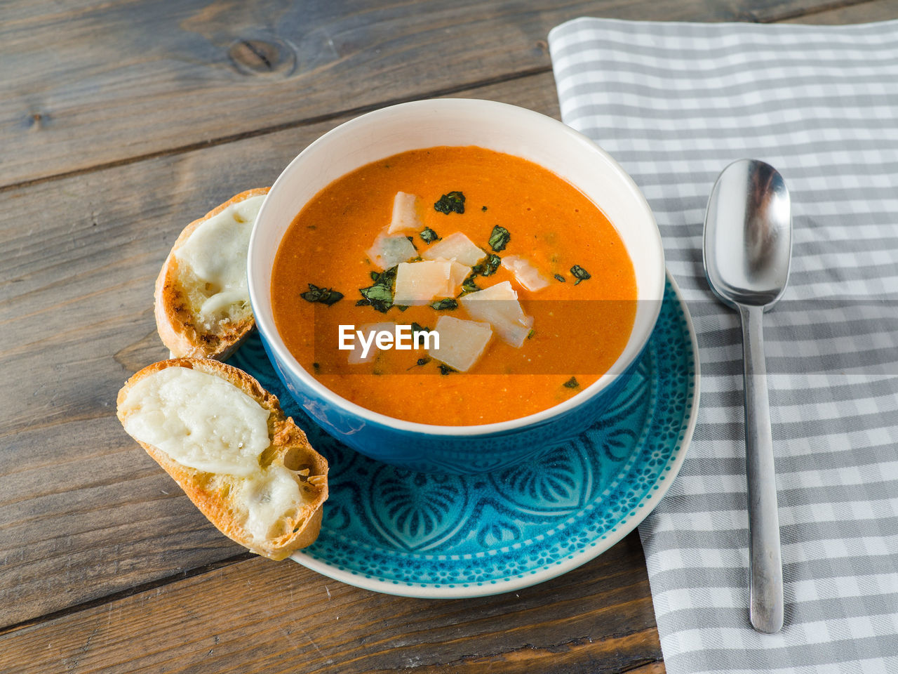 High angle view of soup in bowl