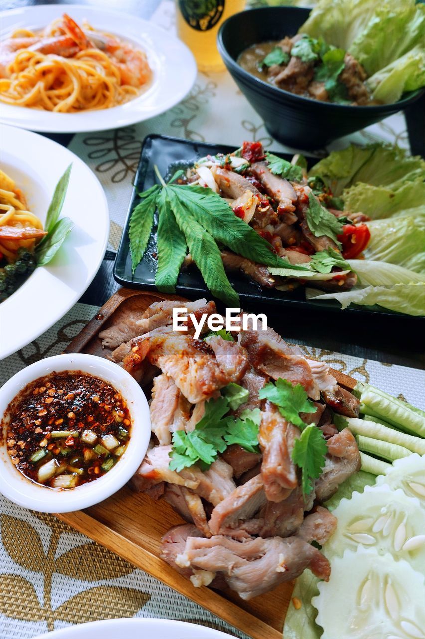 High angle view of meal served on table