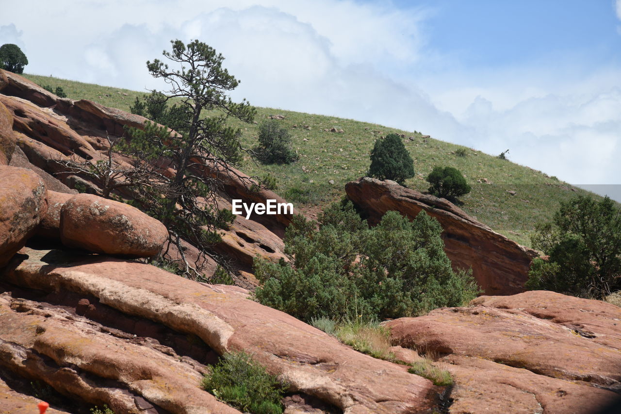 Rock formations on landscape against sky