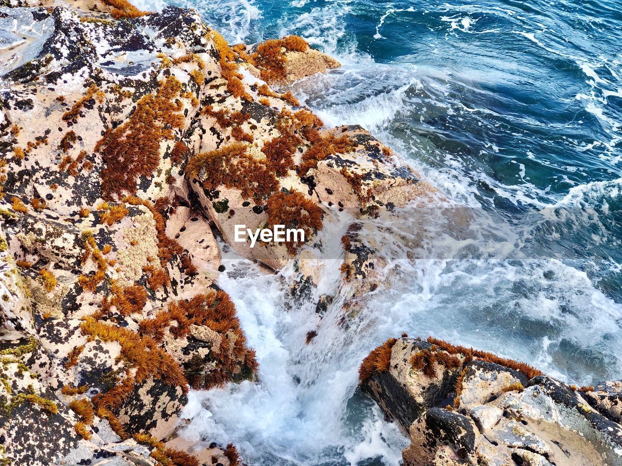 HIGH ANGLE VIEW OF WAVES BREAKING ON ROCKS