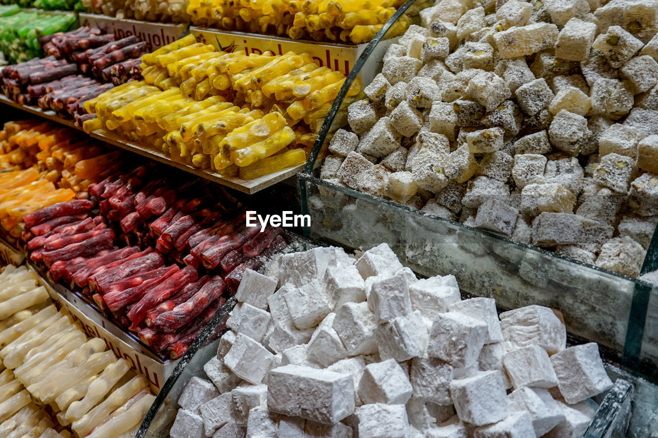 High angle view of food for sale at market stall