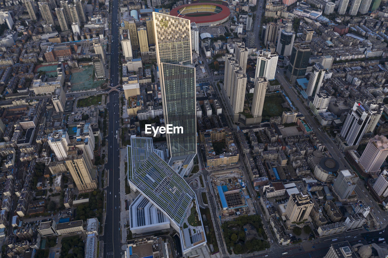 High angle view of modern buildings in city