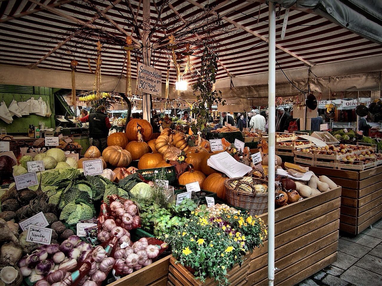 Vegetables displayed at market stalls