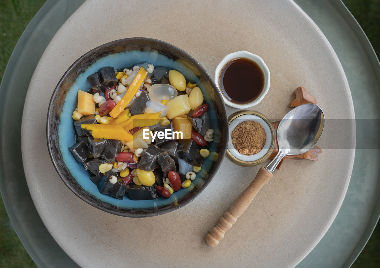 high angle view of food in bowl on table