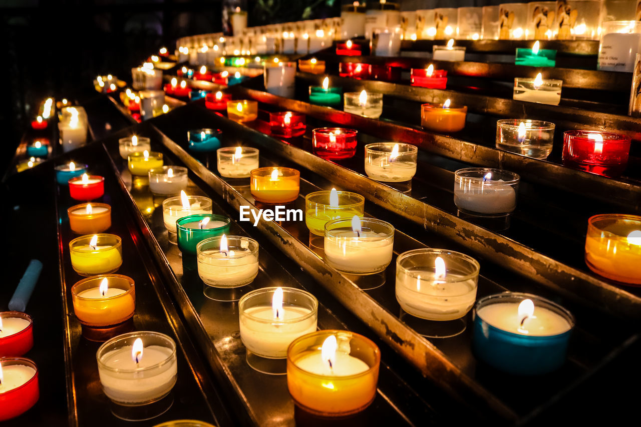 high angle view of illuminated candles