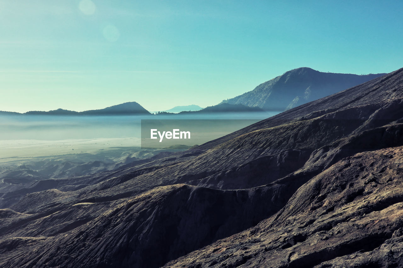 Scenic view of snowcapped mountains against clear sky