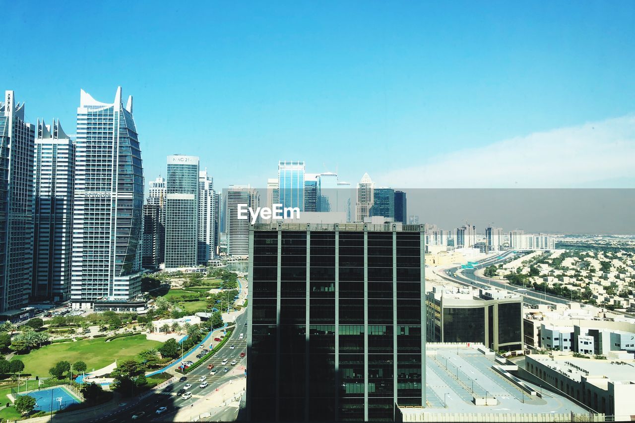 High angle view of cityscape against clear sky