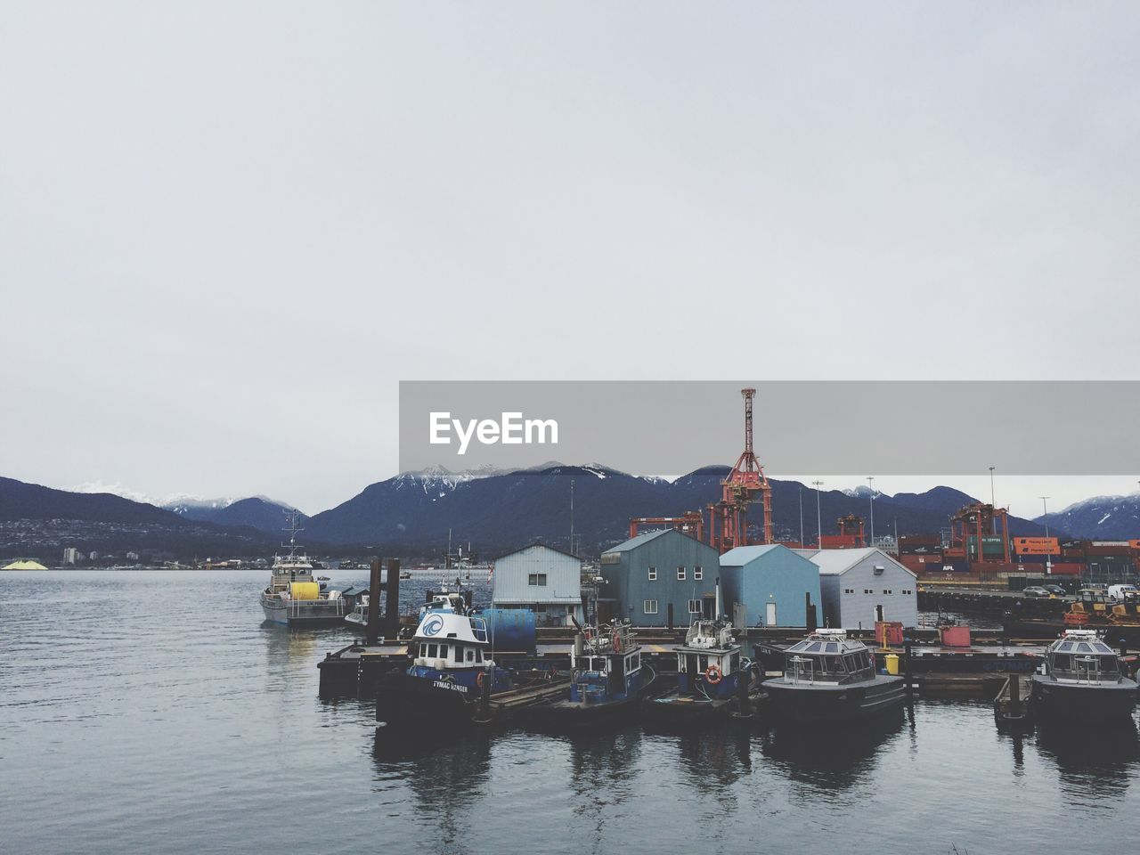 Boats moored at harbor against clear sky