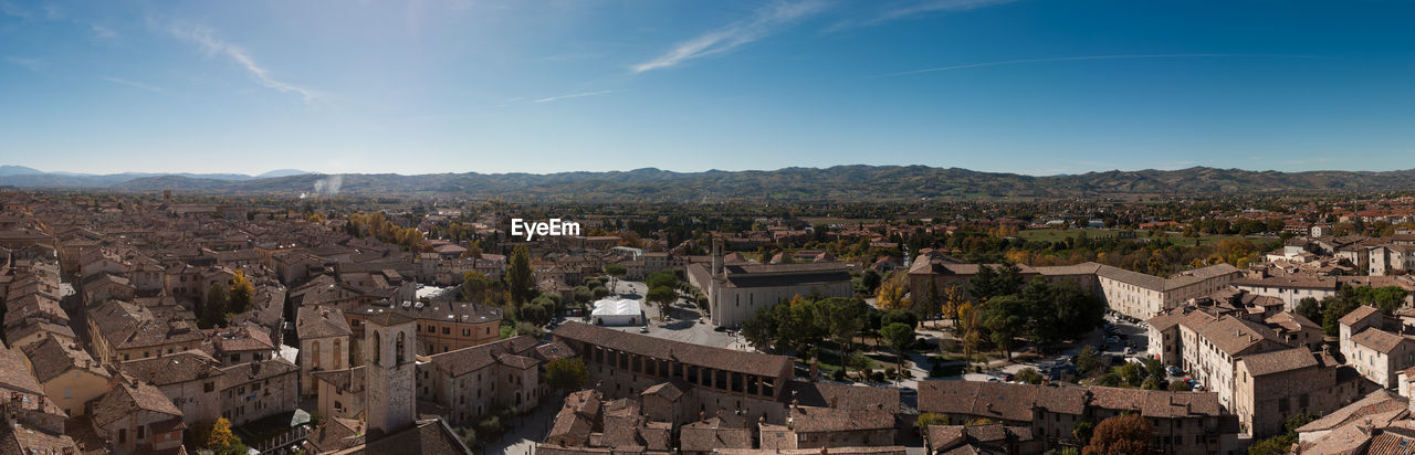 High angle shot of townscape against sky