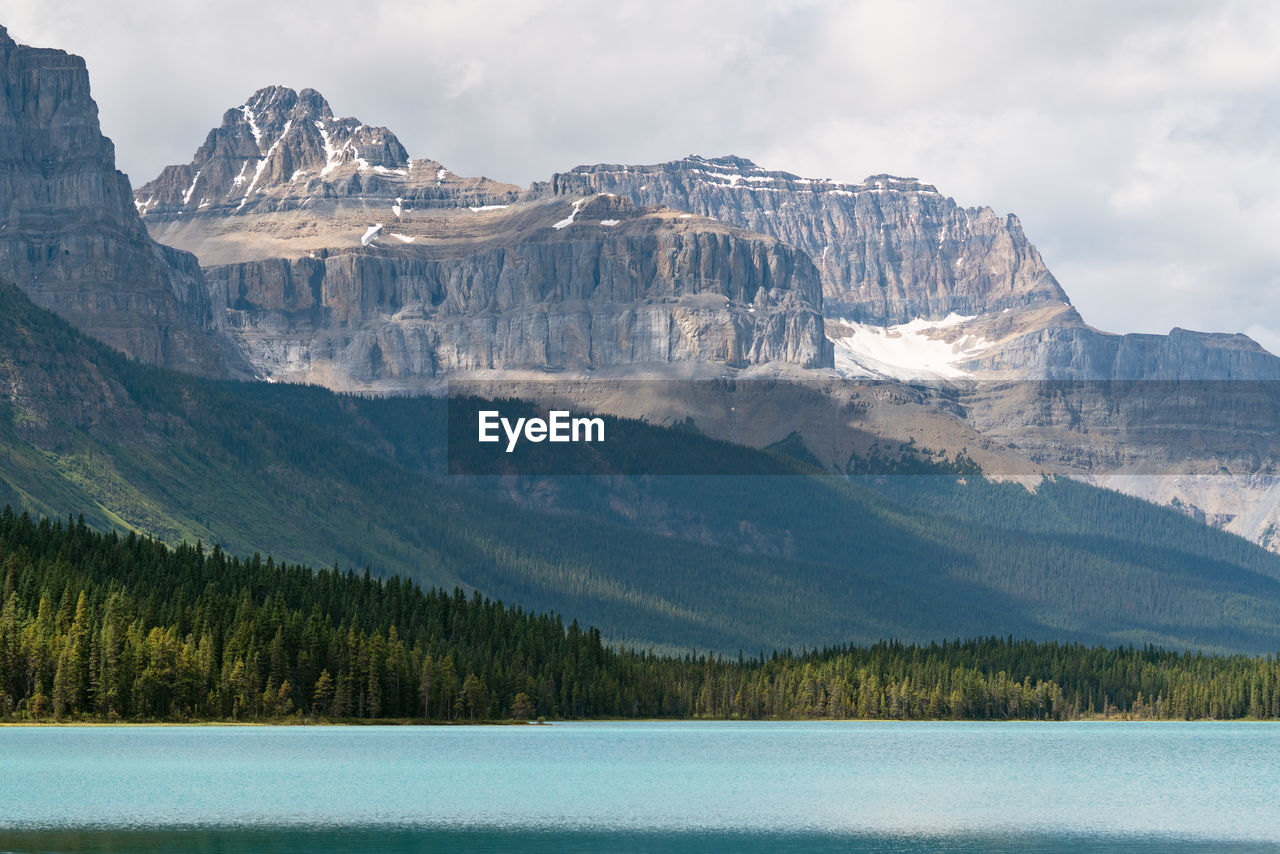 Scenic view of lake and mountains against sky