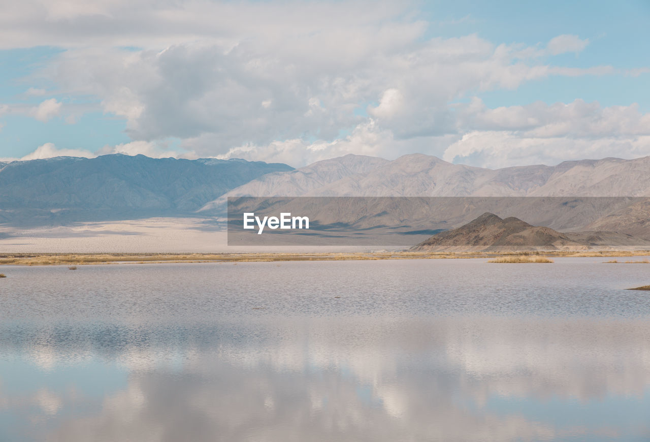 Scenic view of lake and mountains against sky