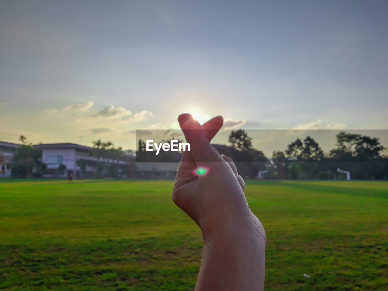 MIDSECTION OF PERSON HAND ON FIELD AGAINST SKY DURING SUNSET
