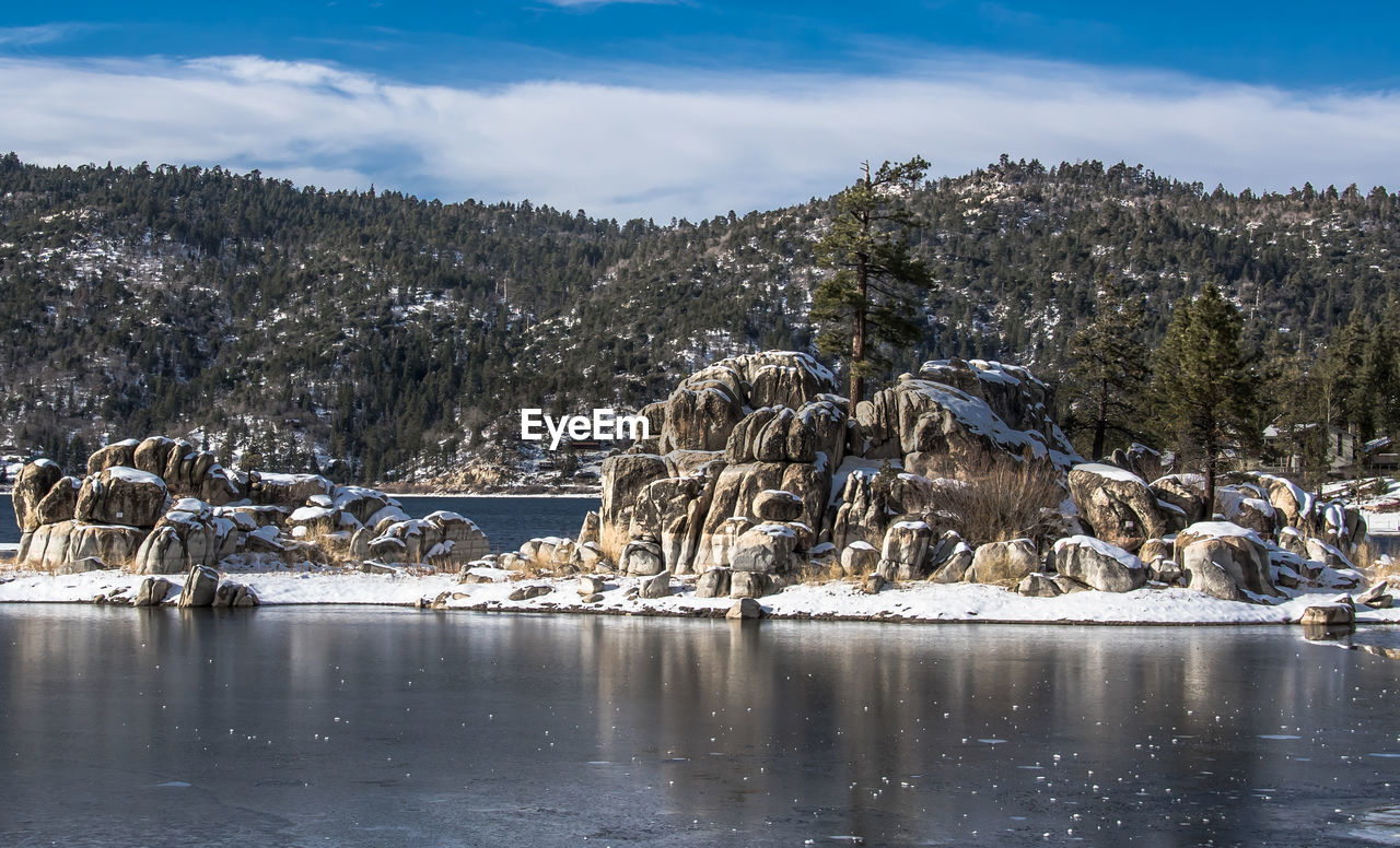 Scenic view of lake against cloudy sky