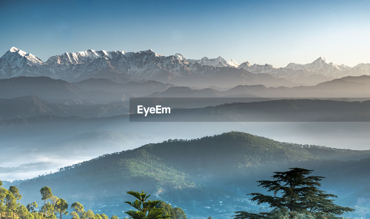 Scenic view of snowcapped mountains against sky