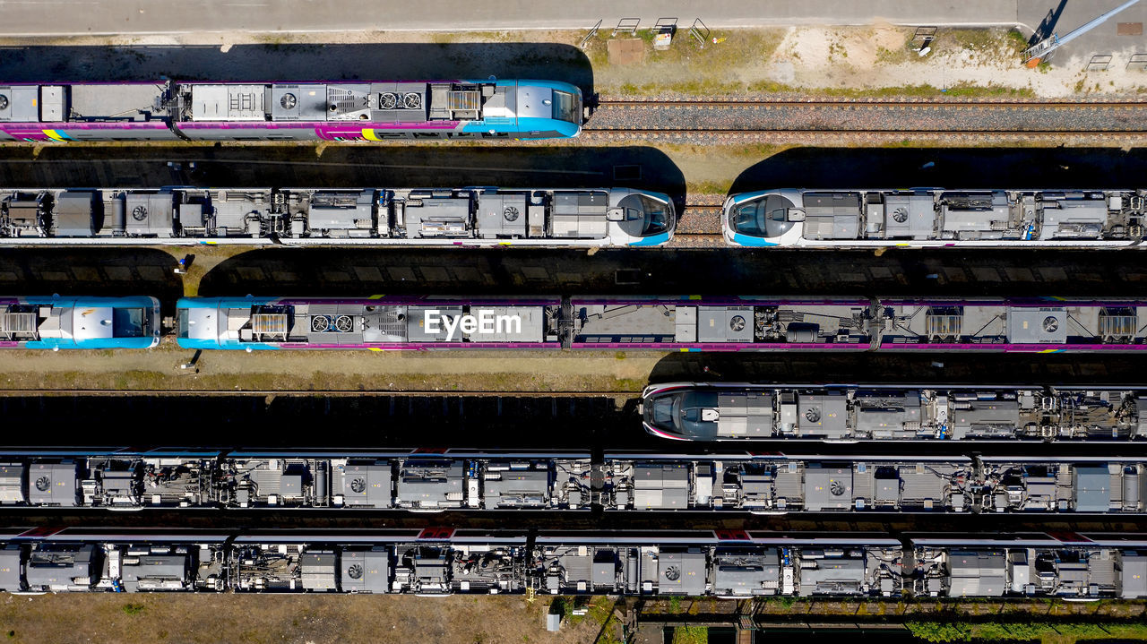 Aerial view of trains in city