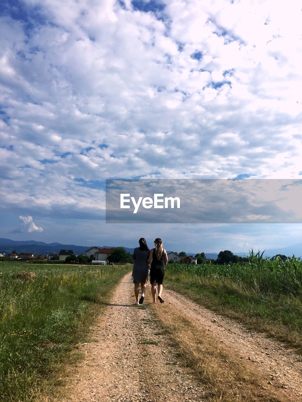 Rear view of friends walking on road against cloudy sky