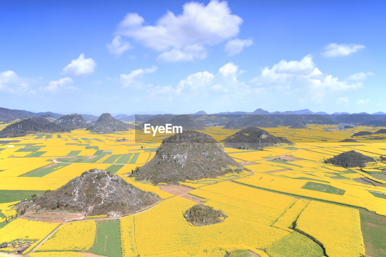 High angle view of fields against sky