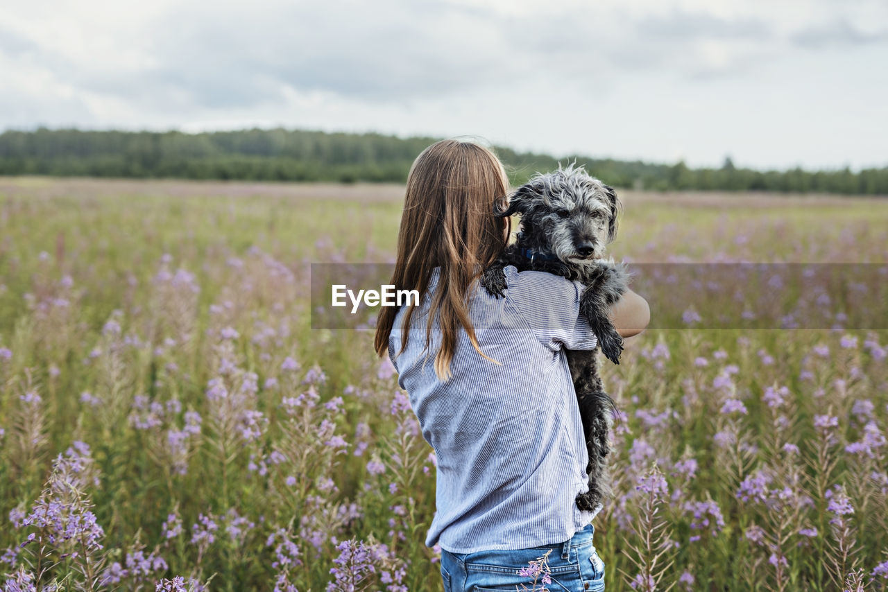 Rear view of young woman holding fluffy senior dog in hands on field of flowers fireweed , pet love