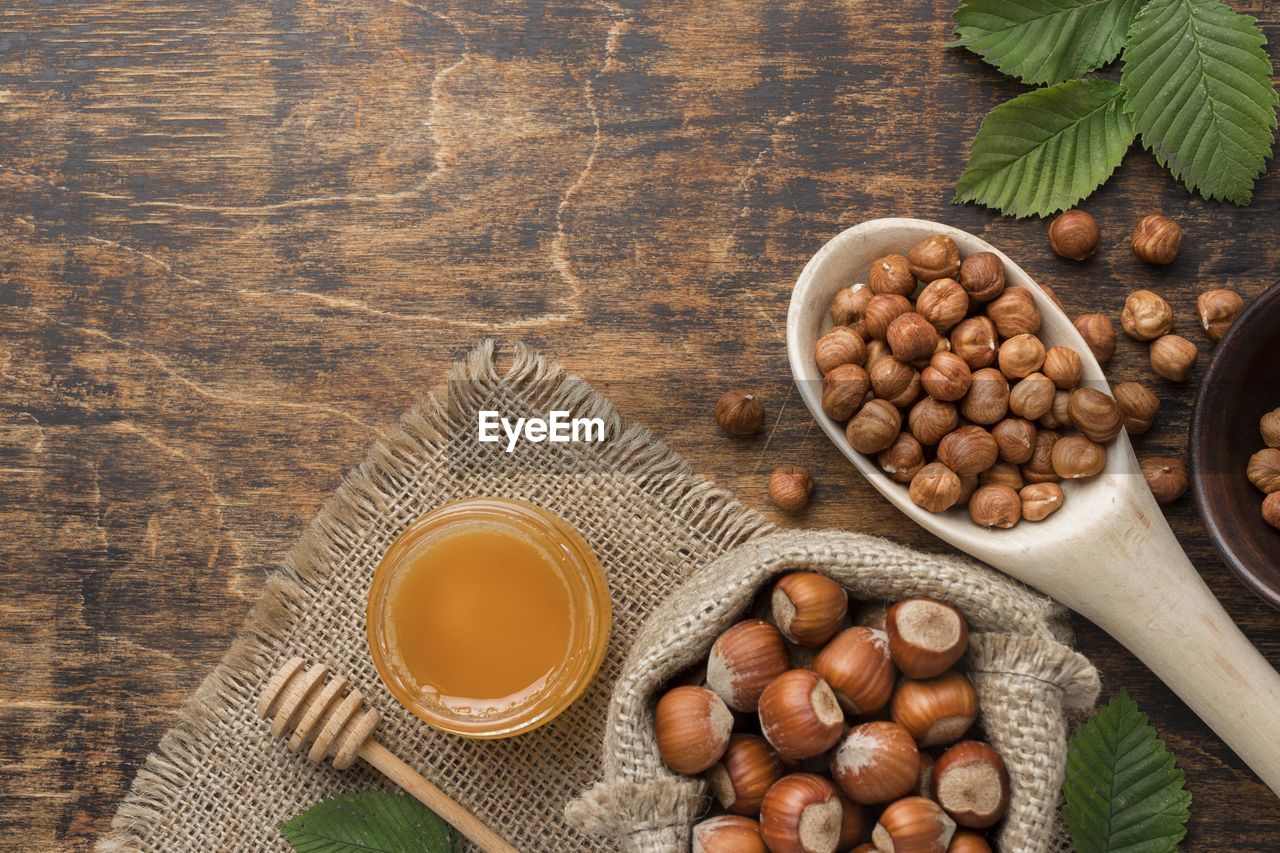 high angle view of food on wooden table