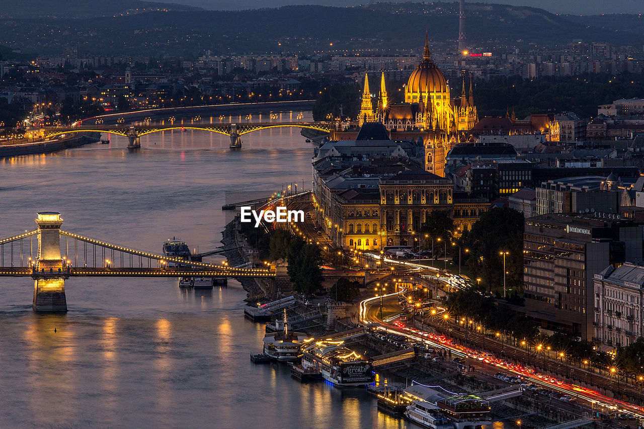 High angle view of illuminated hungarian parliament building at night