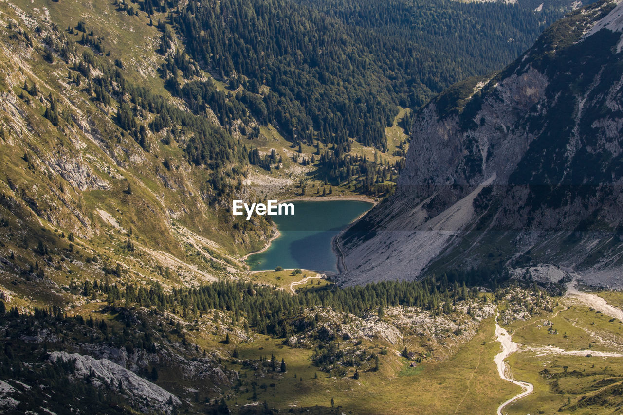 High angle view of land and mountains