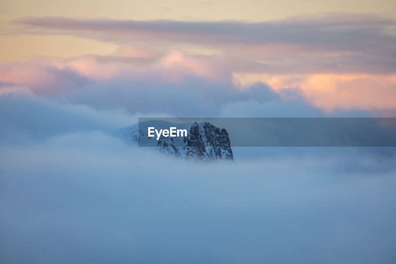 Scenic view of snow covered landscape against sky during sunset