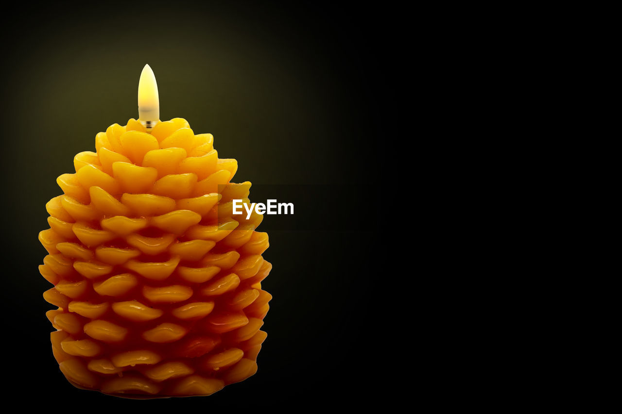 A vibrant pine candle with naturally formed structure lit or burning fire and spreading light