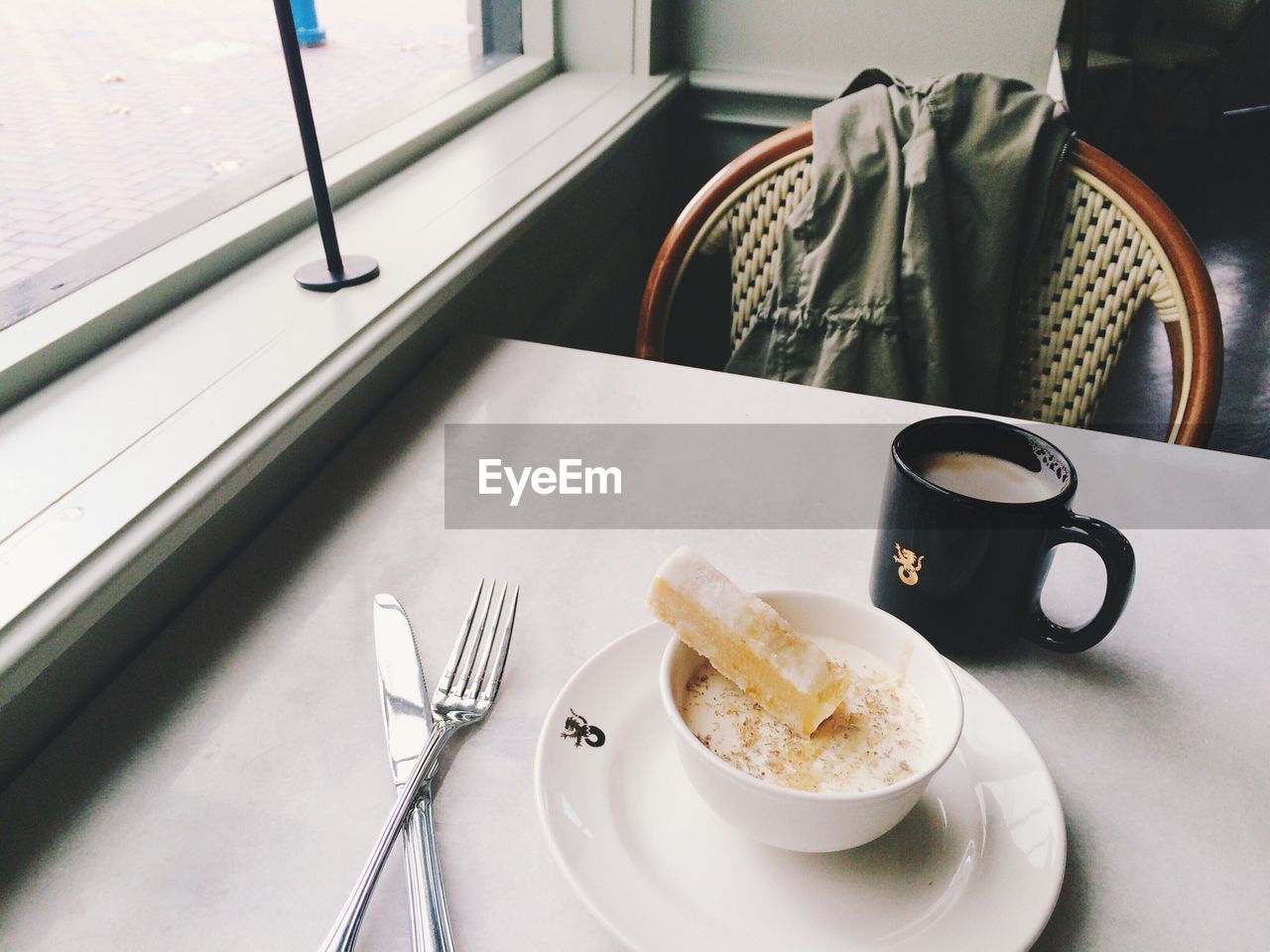 High angle view of breakfast on table in cafe