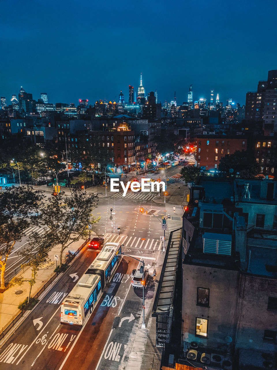 High angle view of city street at night