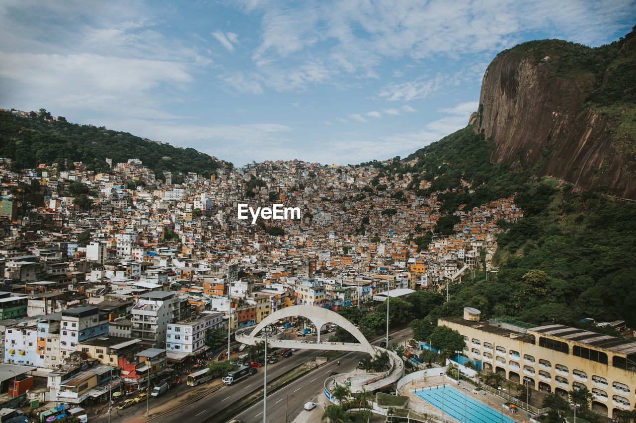 High angle view of brazilian slum against sky