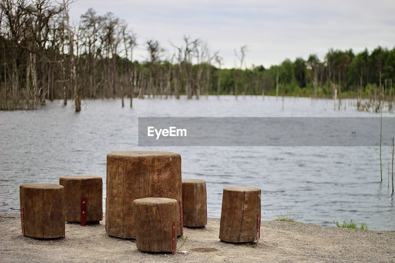 Wooden posts on beach against sky