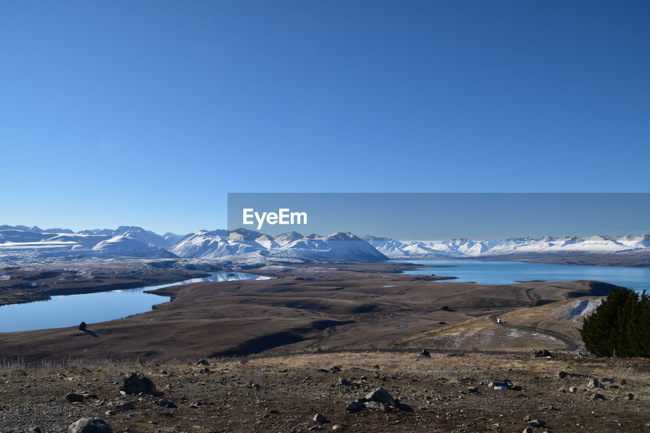 Scenic view of landscape against clear blue sky