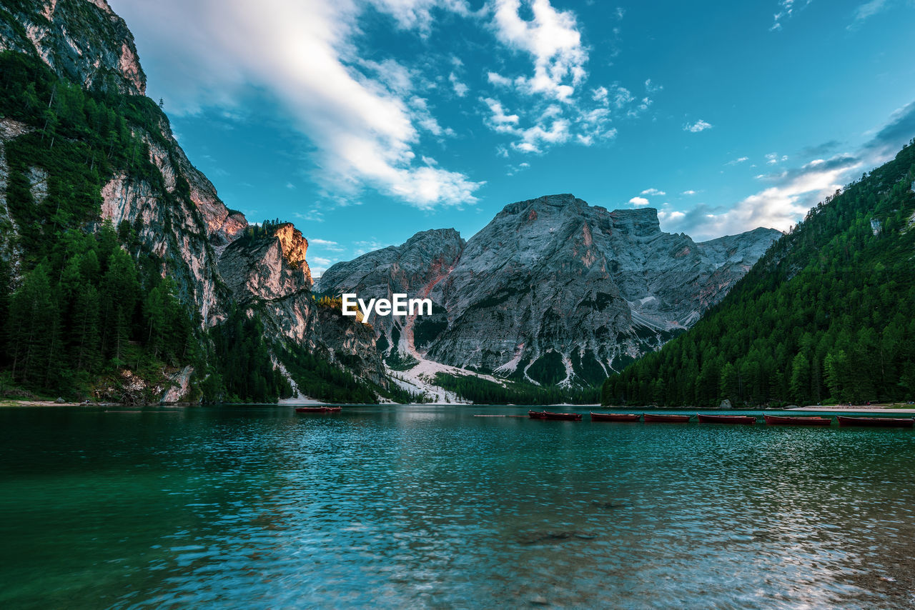 Braies lake , the largest natural dolomite lake, italy.