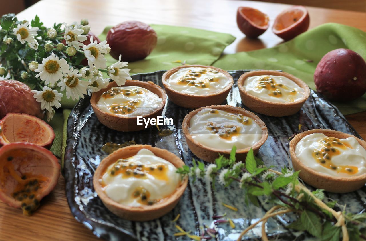 Close up of cream desserts on plate