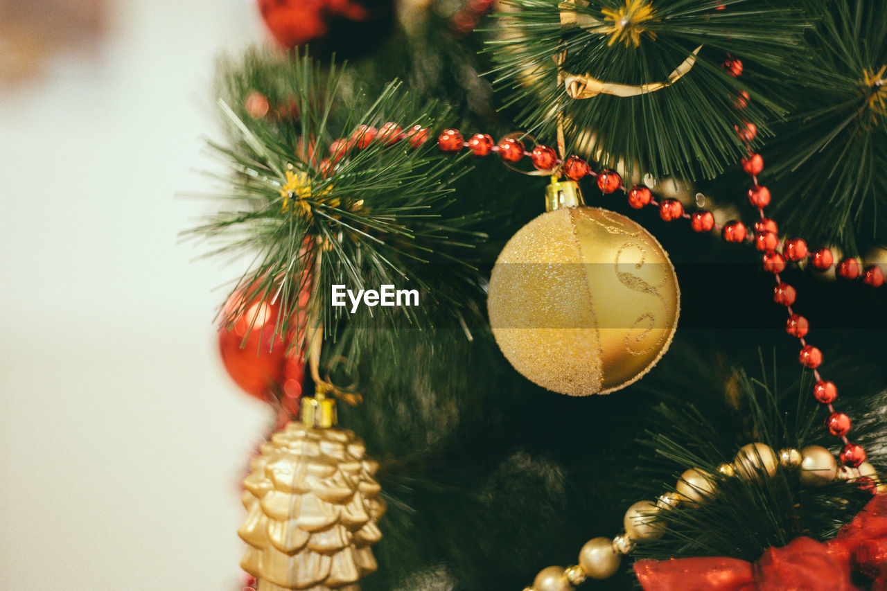 Close-up of christmas decorations hanging on tree