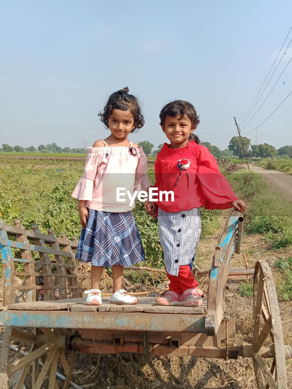 Portrait of cute smiling girl standing on cart in farm against sky
