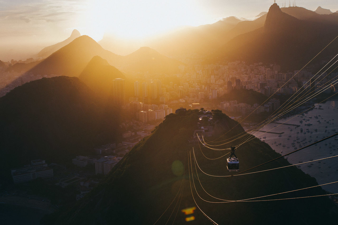 HIGH ANGLE VIEW OF CITY AGAINST SKY DURING SUNSET