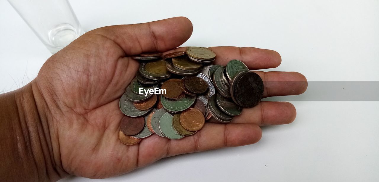 CLOSE-UP OF HAND HOLDING COIN AGAINST WHITE WALL