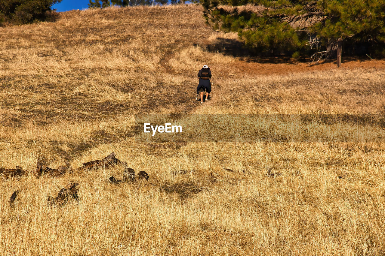 REAR VIEW OF MAN WALKING ON DIRT ROAD