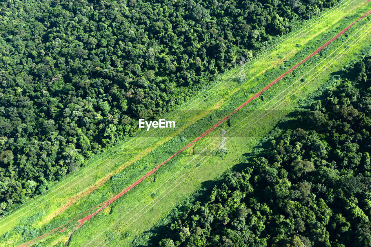 Aerial views of power lines through the jungle in brazil.